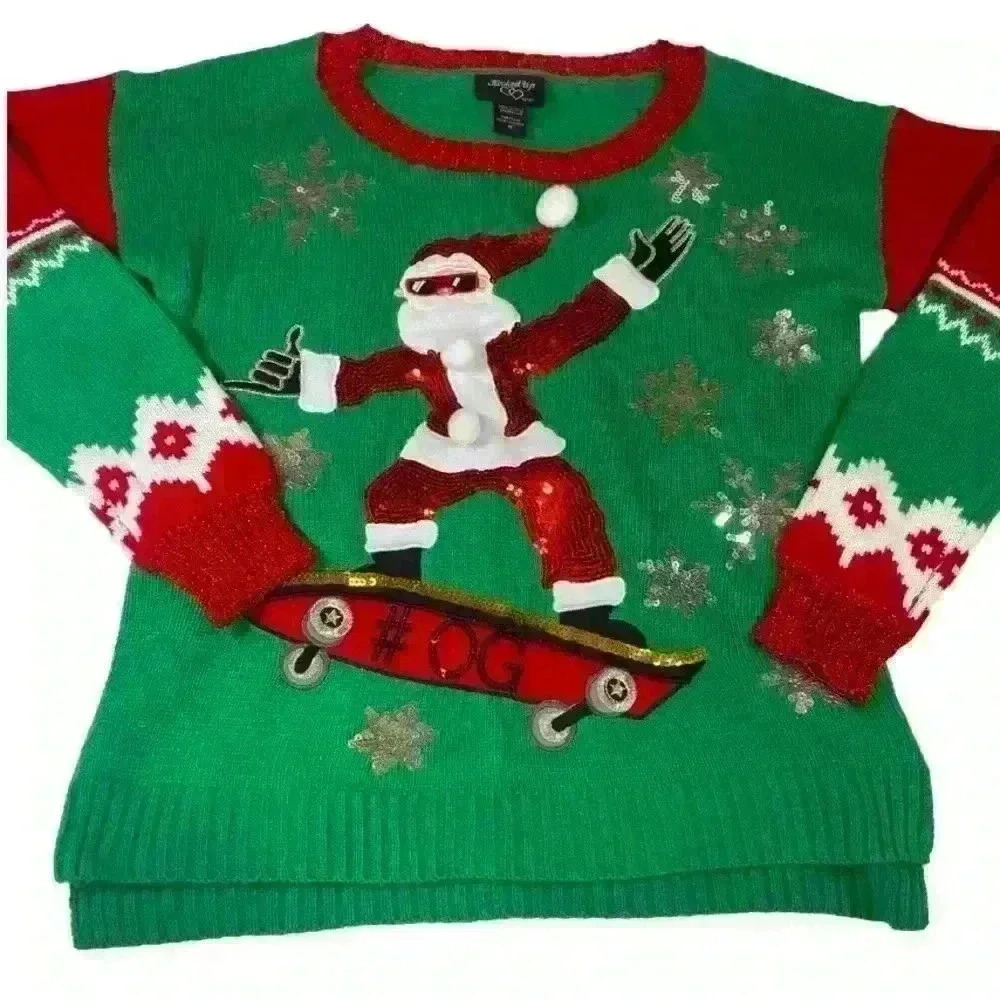 Hooked Up ugly Christmas Sweater red glitter Santa‎ Claus on skateboard Women M
